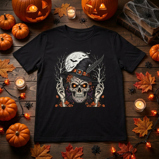 Skull Witch Halloween T-Shirt | Spooky Gothic Skull Graphic Tee for Halloween