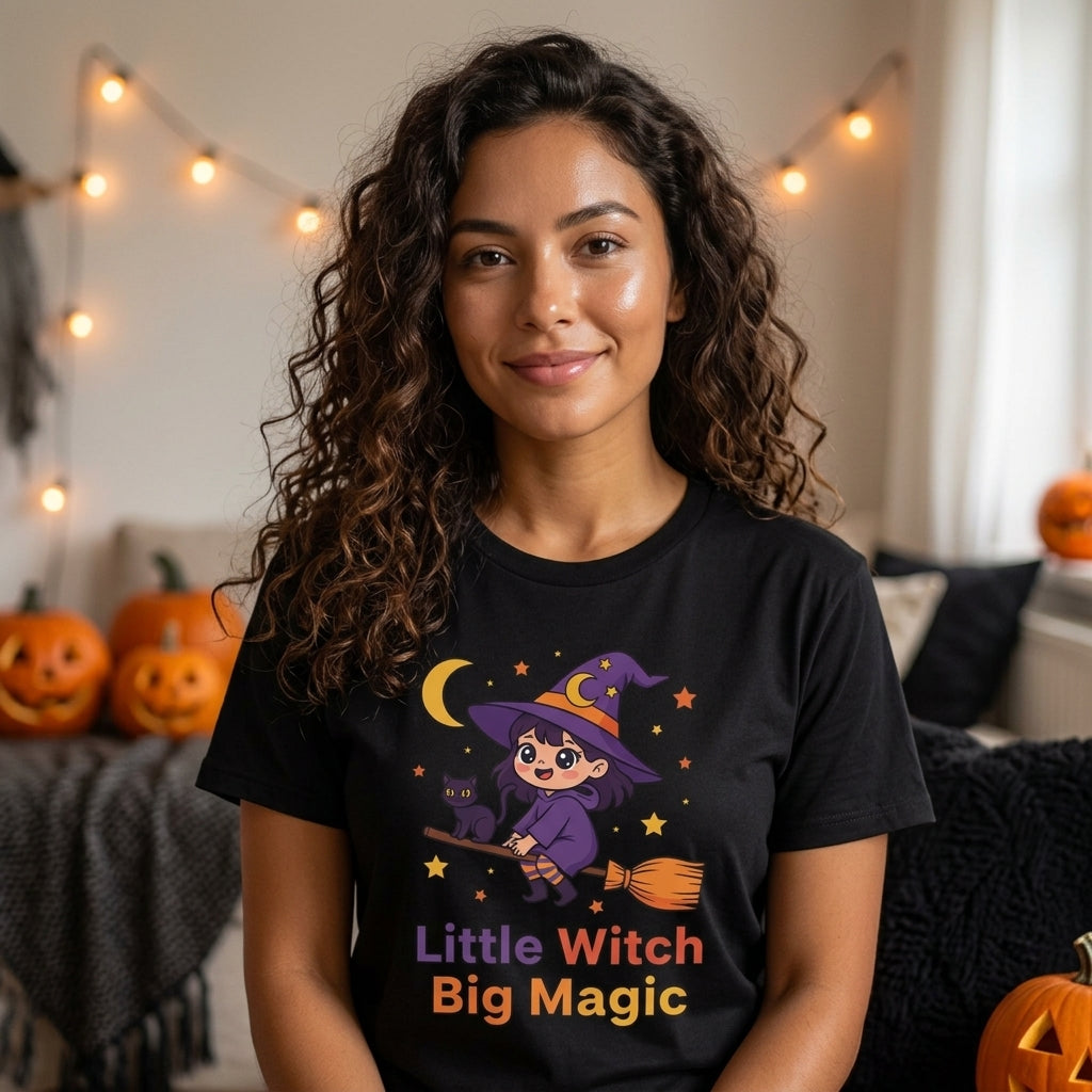 Little Witch Big Magic T-Shirt | Cute Witch Cat Halloween Graphic Tee