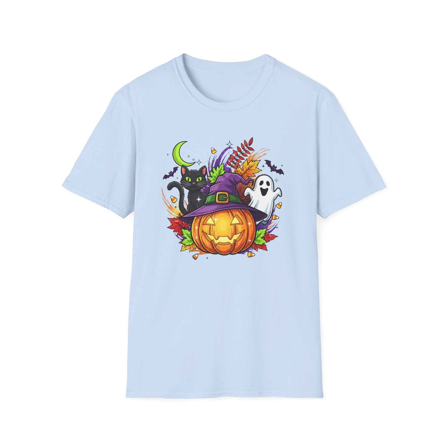 Halloween T-Shirt, Witch Hat Pumpkin, Black Cat and Ghost
