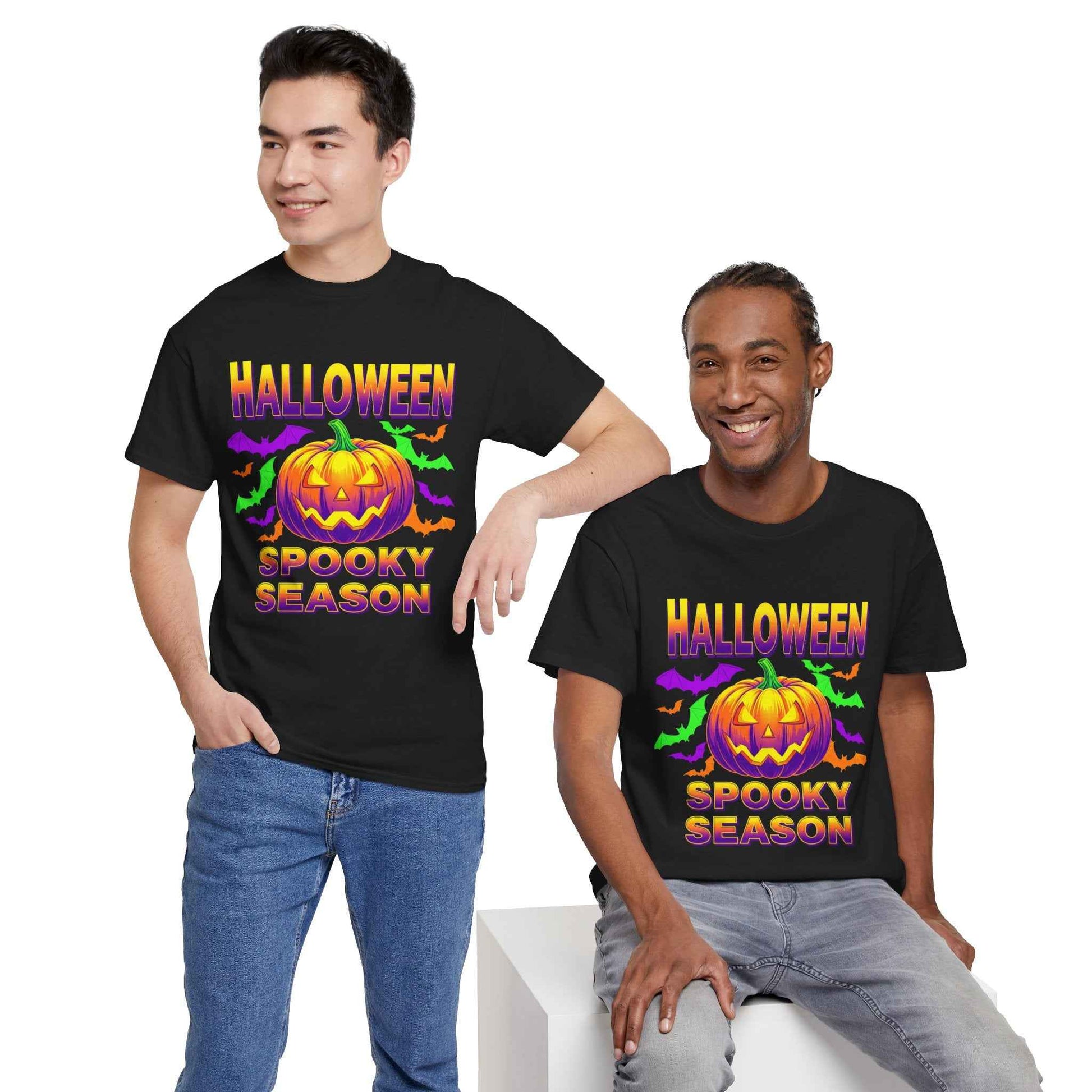Retro Halloween T-Shirt - Neon Pumpkin & Bats 'Spooky Season' Tee - 80s/90s Style