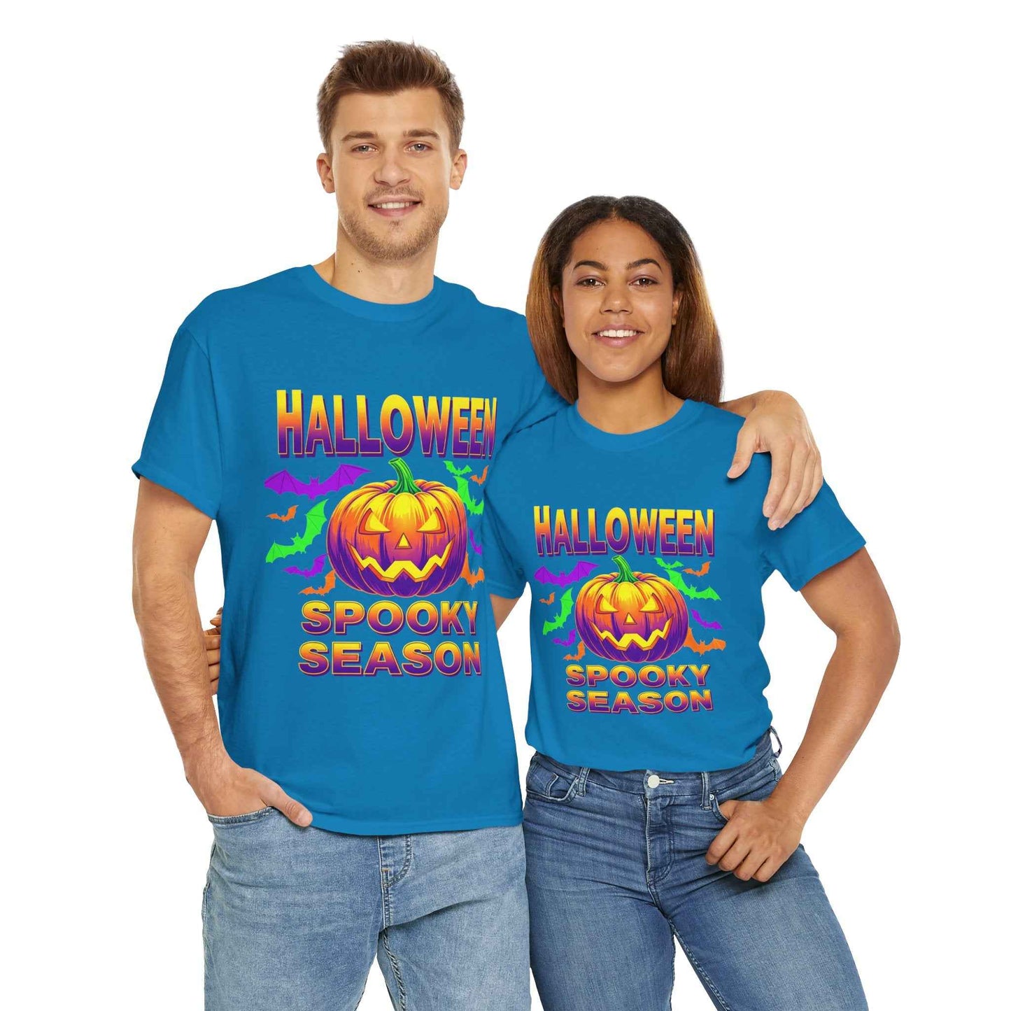 Retro Halloween T-Shirt - Neon Pumpkin & Bats 'Spooky Season' Tee - 80s/90s Style