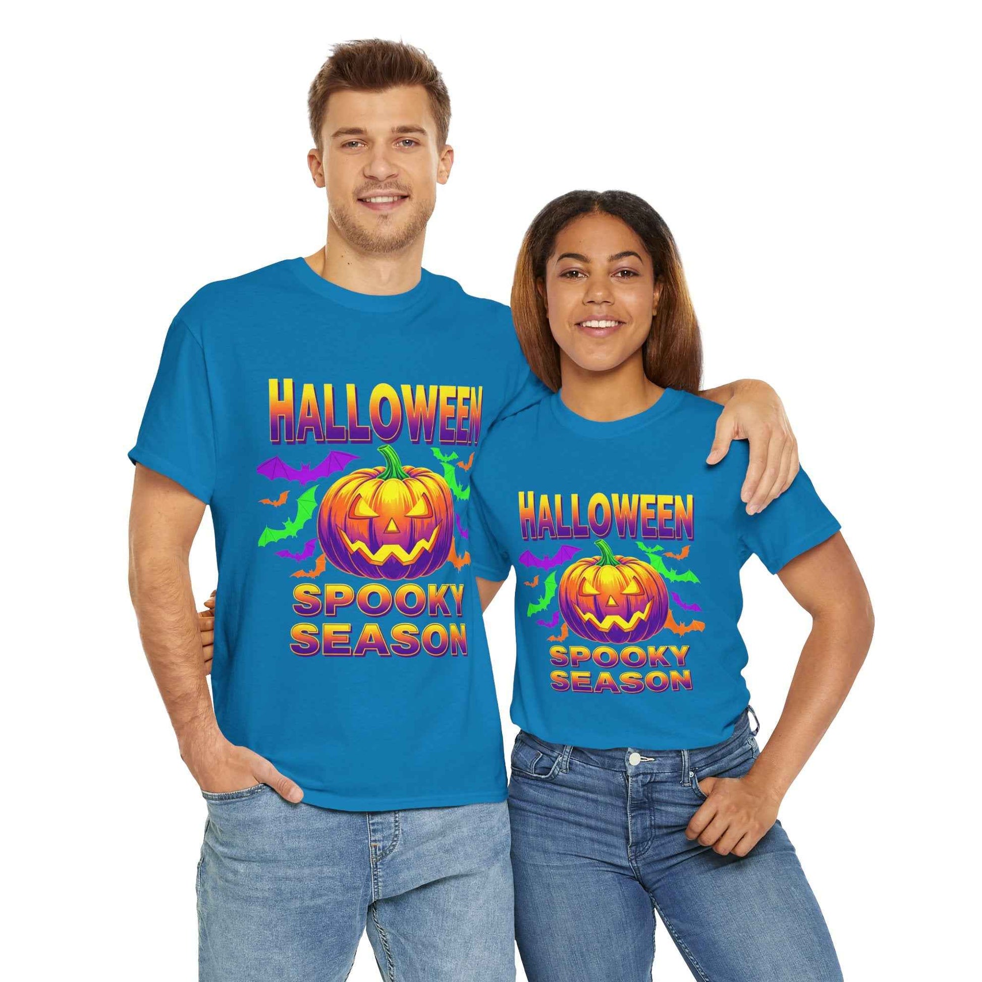Retro Halloween T-Shirt - Neon Pumpkin & Bats 'Spooky Season' Tee - 80s/90s Style