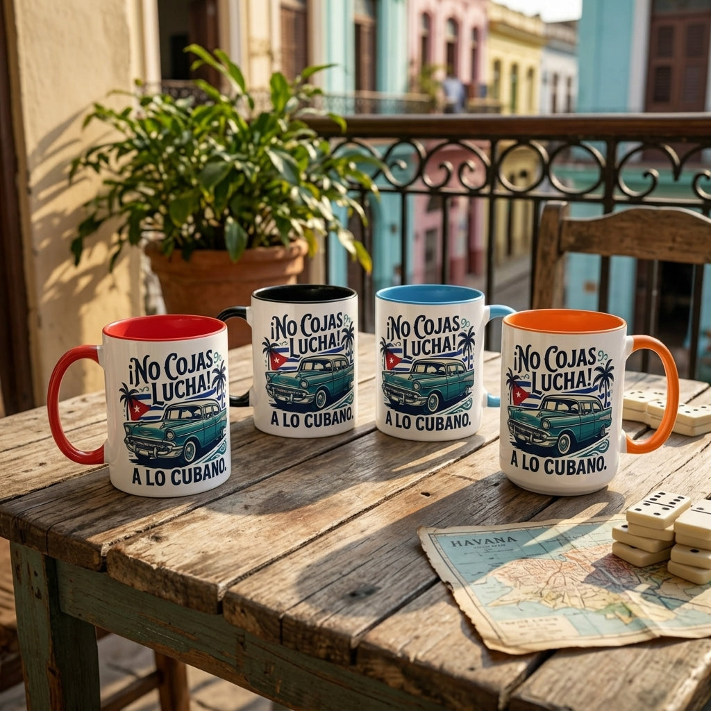 Four mugs with Cuban-themed designs on a wooden table with a balcony and colorful buildings in the background.