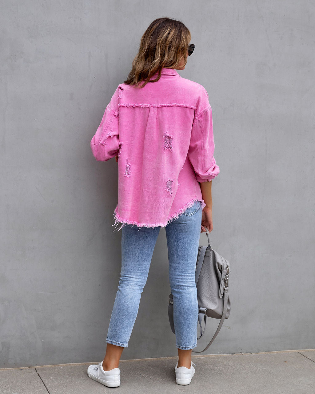 Women's Ripped Denim Shirt Jacket - Casual Loose Fit Long Sleeve Coat
