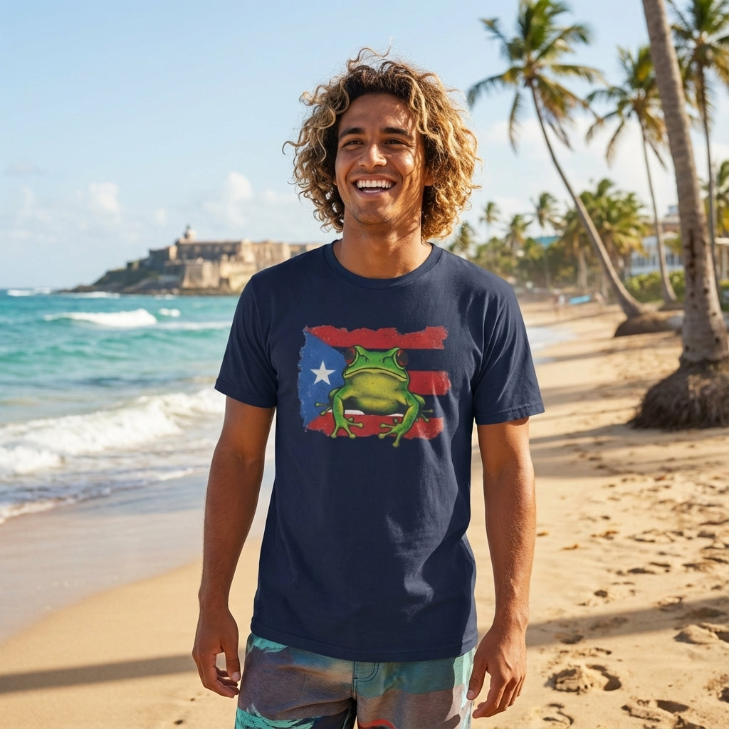 Man wearing a navy blue t-shirt with a graphic design on a beach