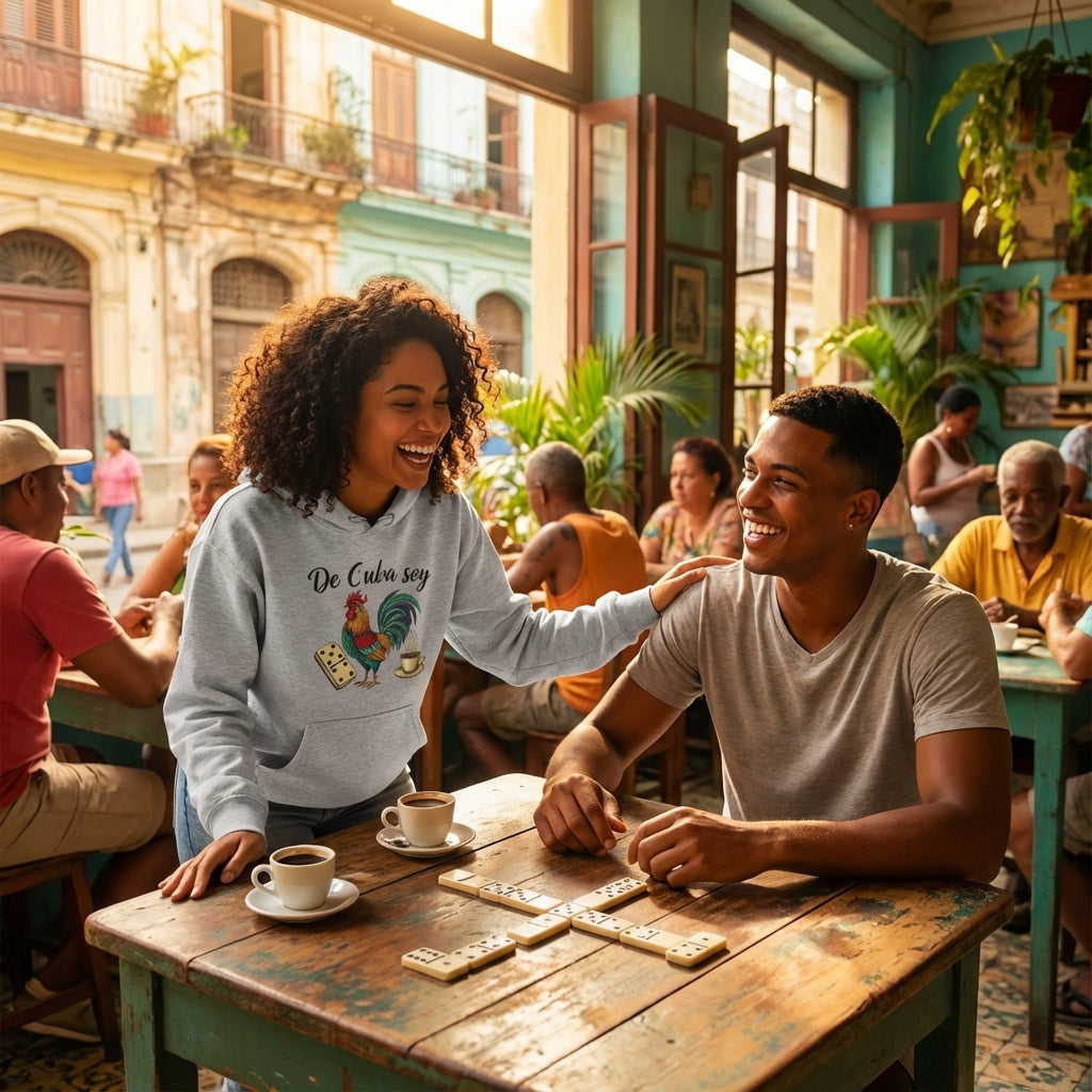 Two people sitting at a table in a lively outdoor cafe, laughing and enjoying each other's company.
