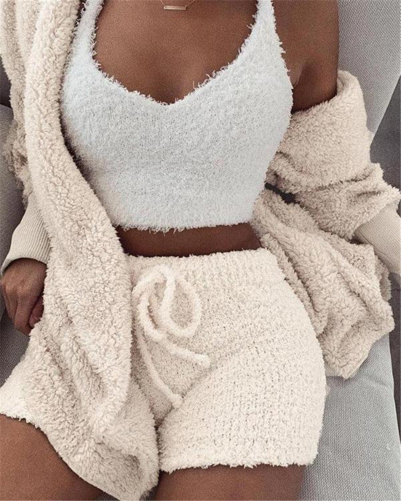 3-Piece Velvet Pajama Set for Women - Crop Top, Long Sleeve & Shorts Loungewear