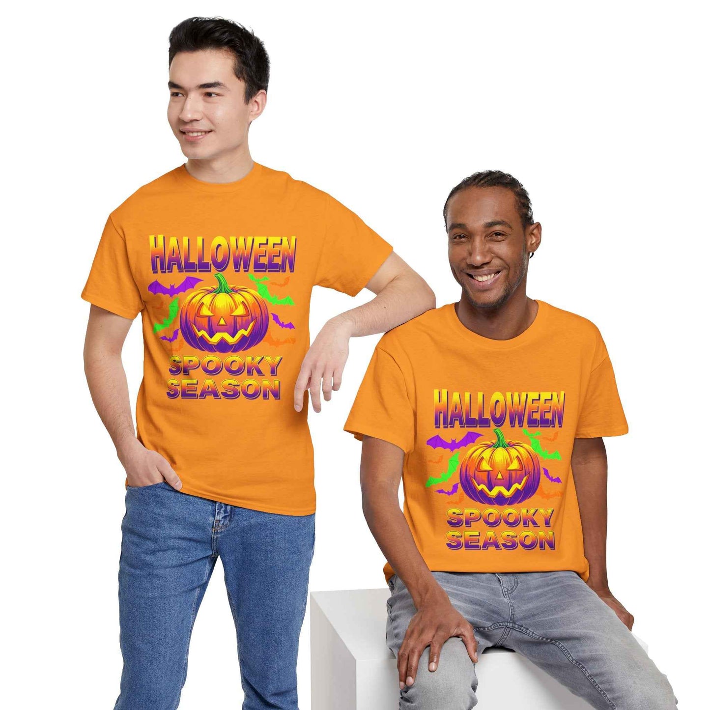 Retro Halloween T-Shirt - Neon Pumpkin & Bats 'Spooky Season' Tee - 80s/90s Style