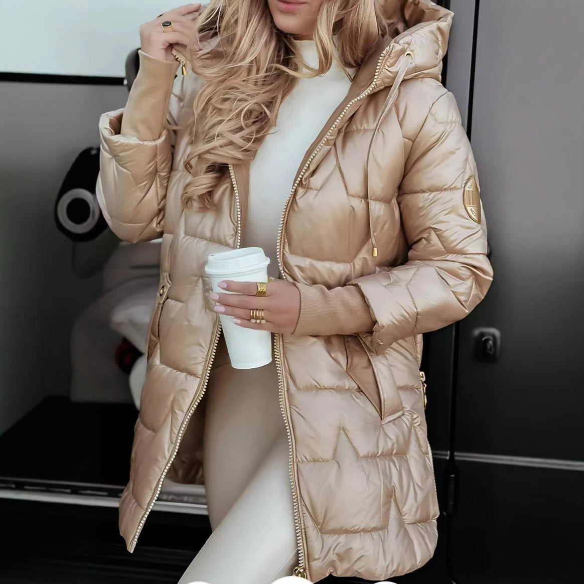 Women's Elegant Hooded Down Jacket - Lightweight Puffer Cardigan Coat for Winter