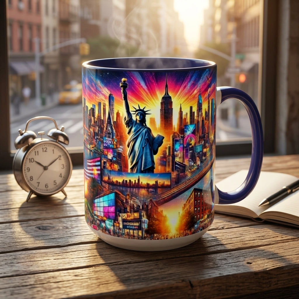 A ceramic mug with a colorful New York City skyline print featuring the Statue of Liberty, set on a wooden table next to an alarm clock and an open notebook with a pen, with a blurred city street scene in the background.