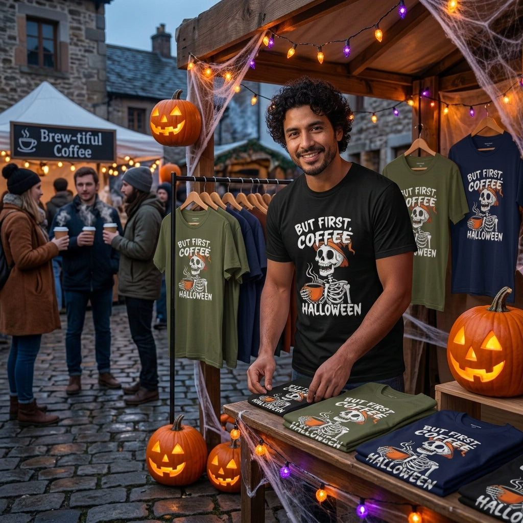 A man stands at a market stall wearing a black graphic T-shirt that reads 'BUT FIRST COFFEE HALLOWEEN' with a skeleton illustration. The stall displays multiple T-shirts in green and navy with matching graphics, decorated with pumpkins, string lights, cobwebs, and a rustic outdoor market background.