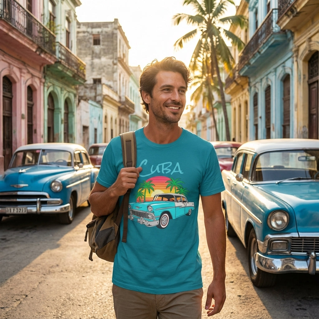 Man wearing a turquoise t-shirt with a Cuba graphic, standing in a street with vintage cars and colorful buildings.