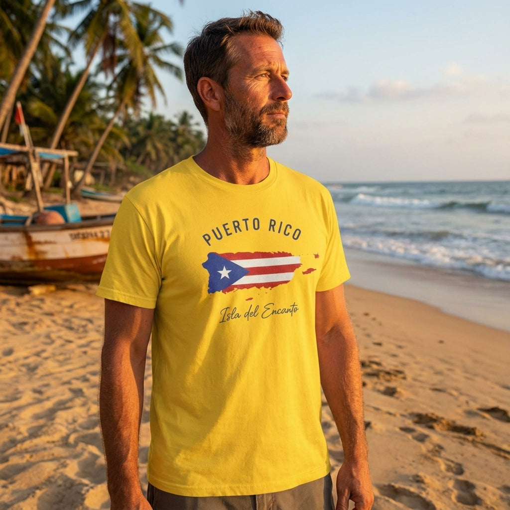 Man wearing a yellow 'Puerto Rico' t-shirt on a beach with palm trees and ocean in the background.