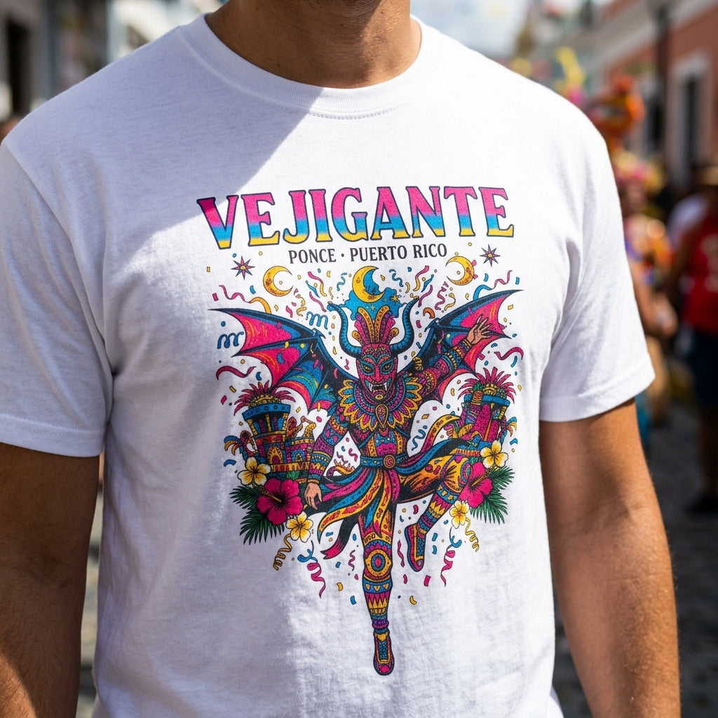 A white short-sleeve t-shirt with a vibrant, colorful graphic of a dancing devil and the text 'VEJIGANTE Ponce - Puerto Rico', worn by a person in an outdoor setting.