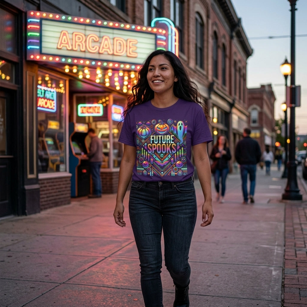 A woman walking on a city street wearing a purple graphic t-shirt with a colorful 'FUTURE SPOOKS' Halloween design. The background features a lit-up 'Arcade' theater sign and brick buildings.