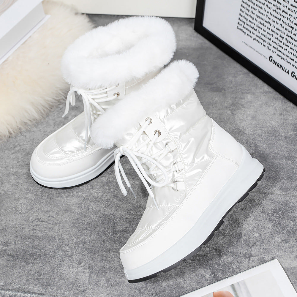 Women's Fur Collar Snow Boots - High-Top Lace-Up Waterproof Winter Boots