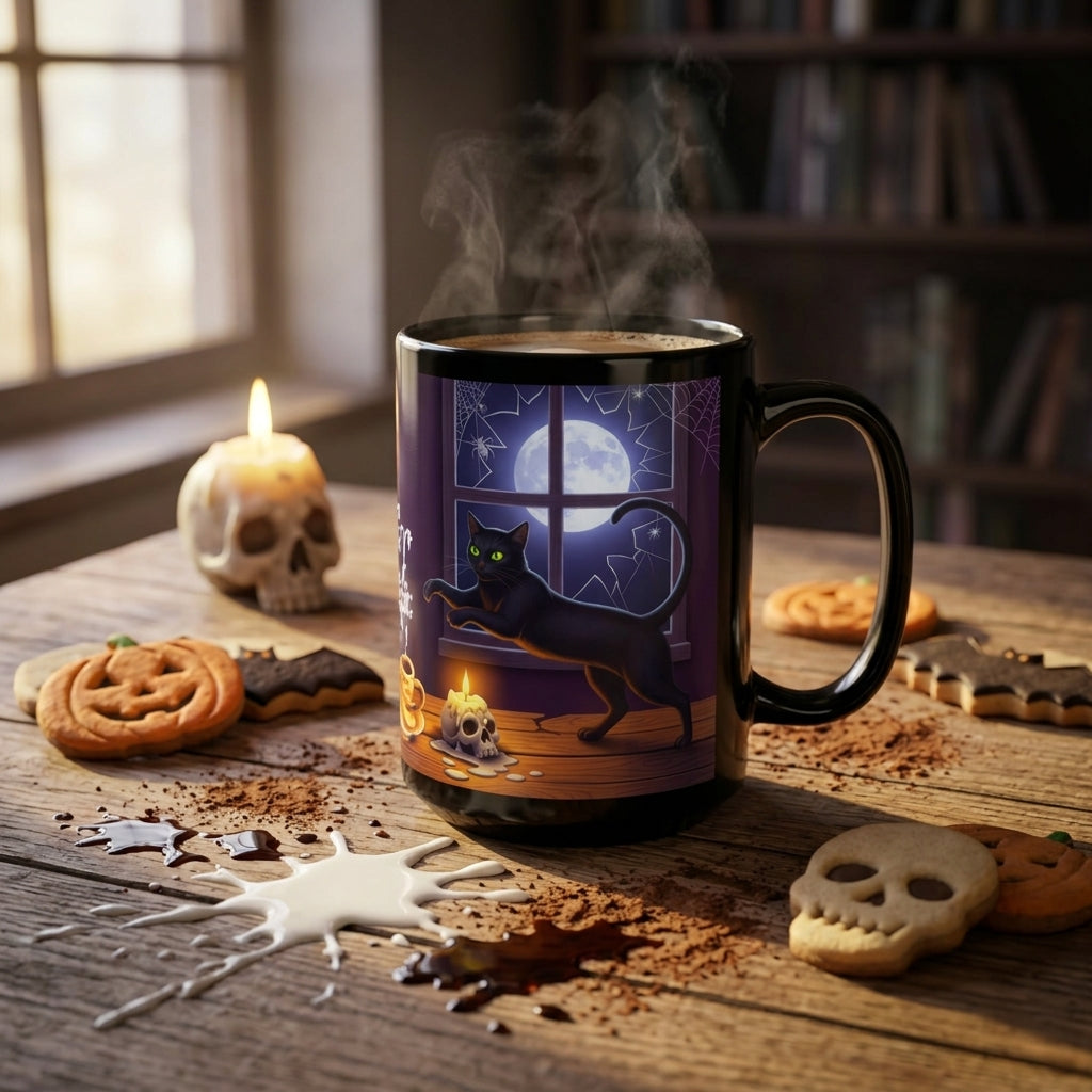 A black ceramic mug with a Halloween-themed illustration of a black cat by a window under a full moon, set on a rustic wooden table surrounded by cookies, a skull candle, and steam rising from the mug.