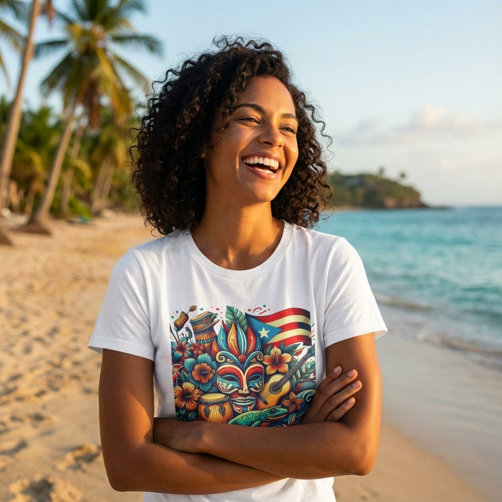 Woman wearing a colorful tiki design t-shirt on a beach