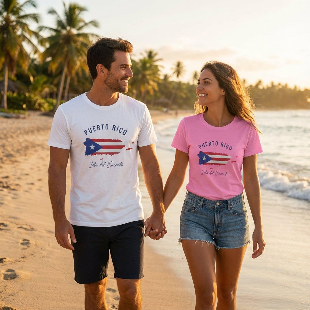 Man and woman holding hands on a beach wearing Puerto Rico-themed t-shirts.