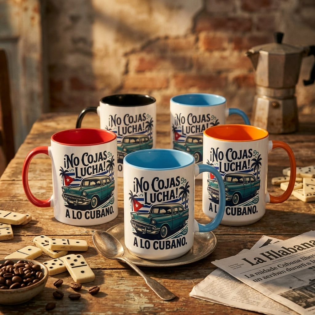 Set of mugs with Cuban-themed designs on a wooden table with coffee beans and a newspaper.