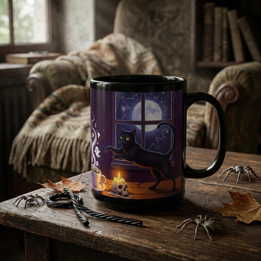 Brewed with a Witch's Charm Halloween Coffee Mug | Witch, Black Cat & Pumpkin Design
