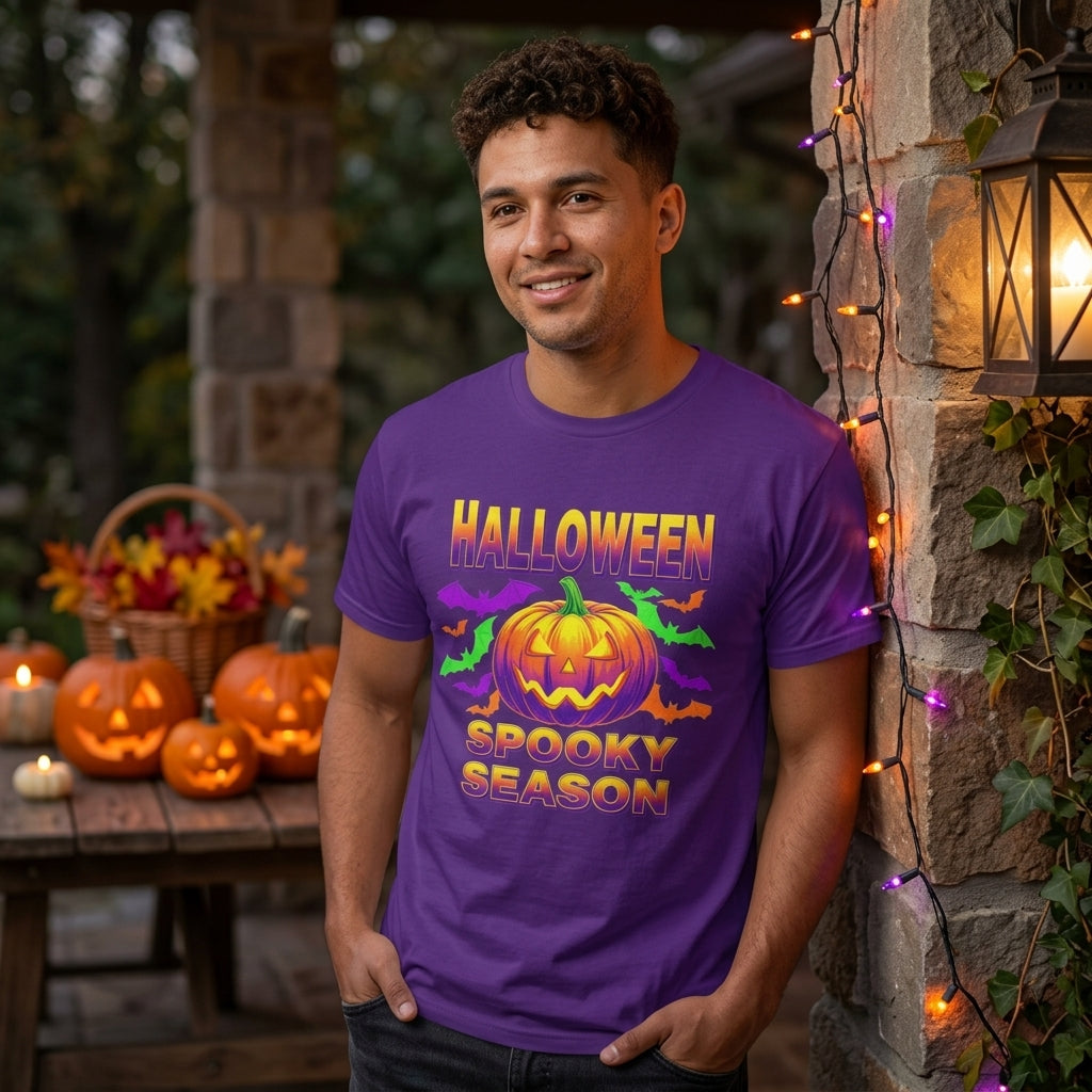 Retro Halloween T-Shirt | Neon Pumpkin & Bats 'Spooky Season' Tee | 80s/90s Style
