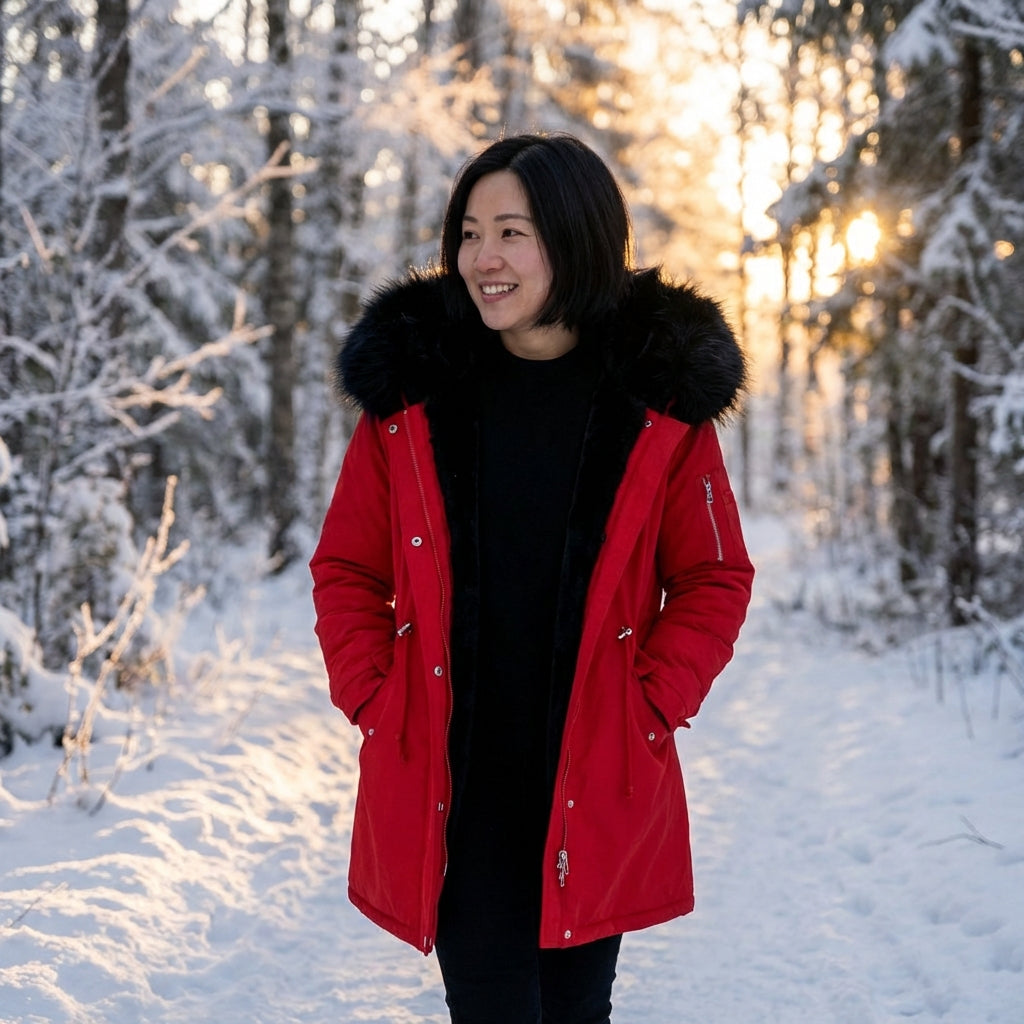 Person wearing a red coat with a fur-lined hood in a snowy forest