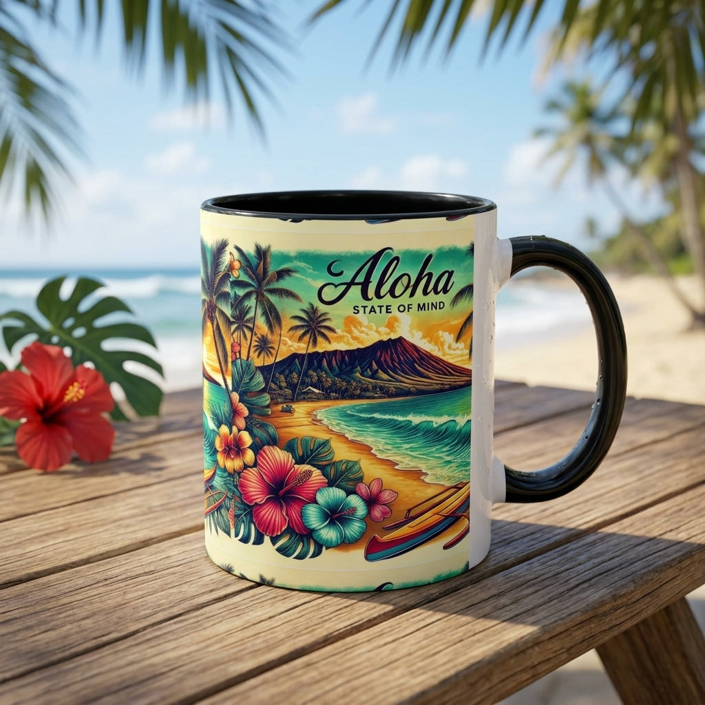 A ceramic coffee mug with a black handle and rim, featuring a colorful tropical Aloha beach illustration, set on a wooden table with a beach background.
