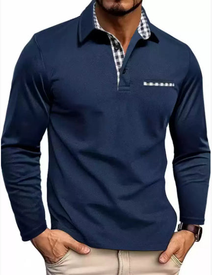 Men's Plaid Splicing Polo Shirt - Long Sleeve Lapel Collar Casual Top