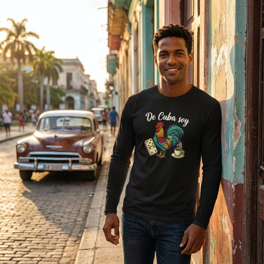 Man wearing a black t-shirt with a colorful rooster design on a street in Cuba.