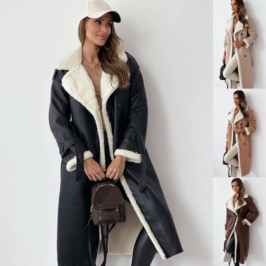 Women's Double-Breasted Trench Coat - Belted Mid-Length Winter Windbreaker