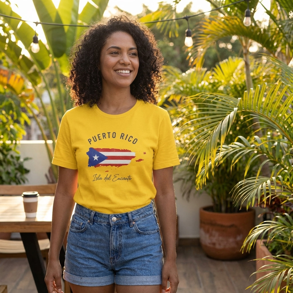 Woman wearing a yellow 'Puerto Rico' t-shirt in a tropical setting