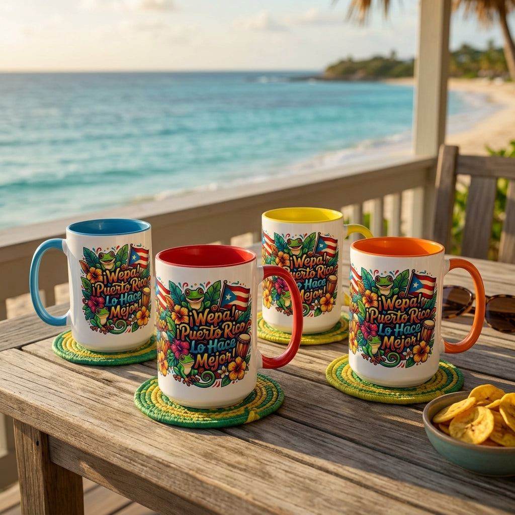 Wepa! Puerto Rico Lo Hace Mejor Accent Coffee Mug | Puerto Rican Flag, Coquí, Floral Design