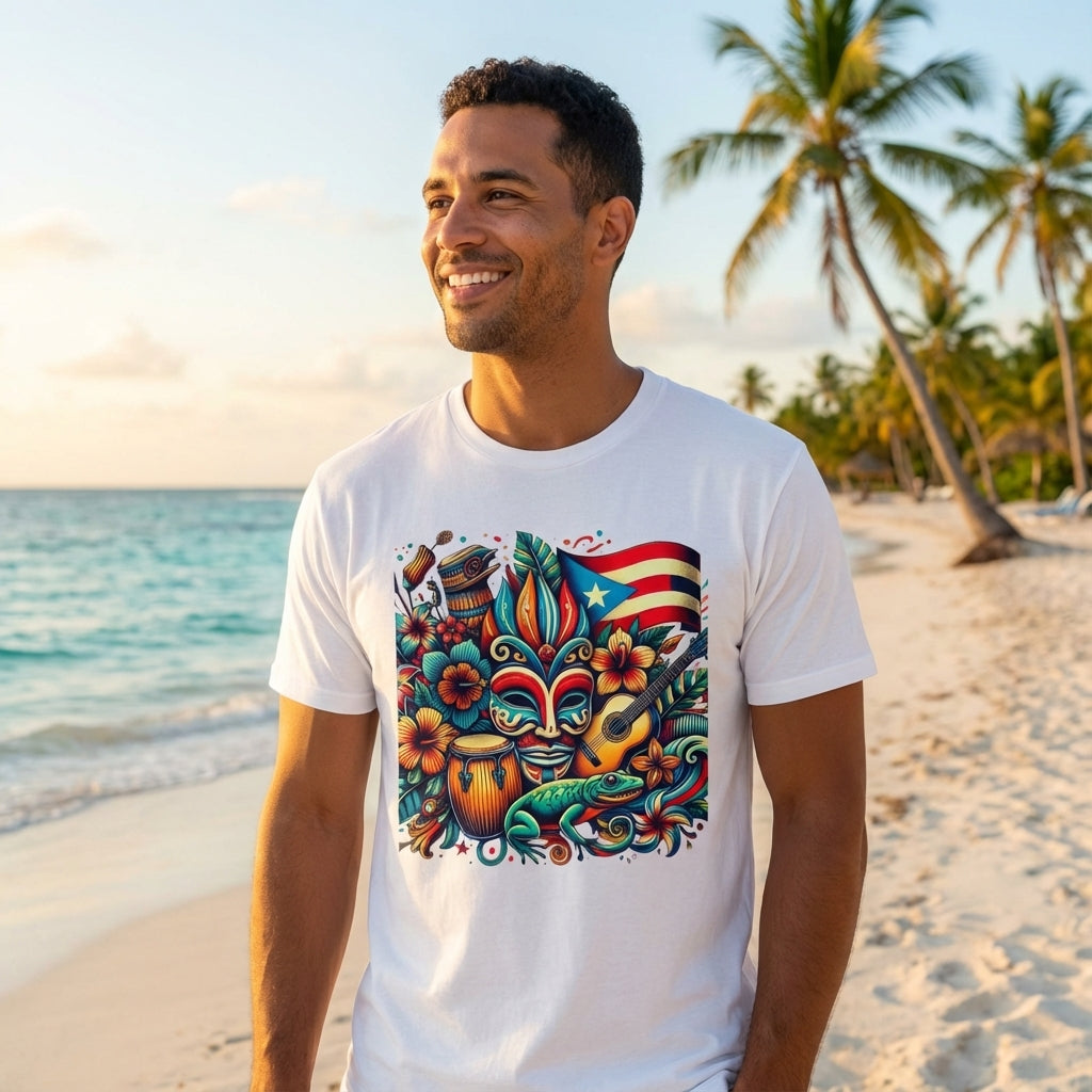 Man wearing a white t-shirt with a colorful design on a beach with palm trees.