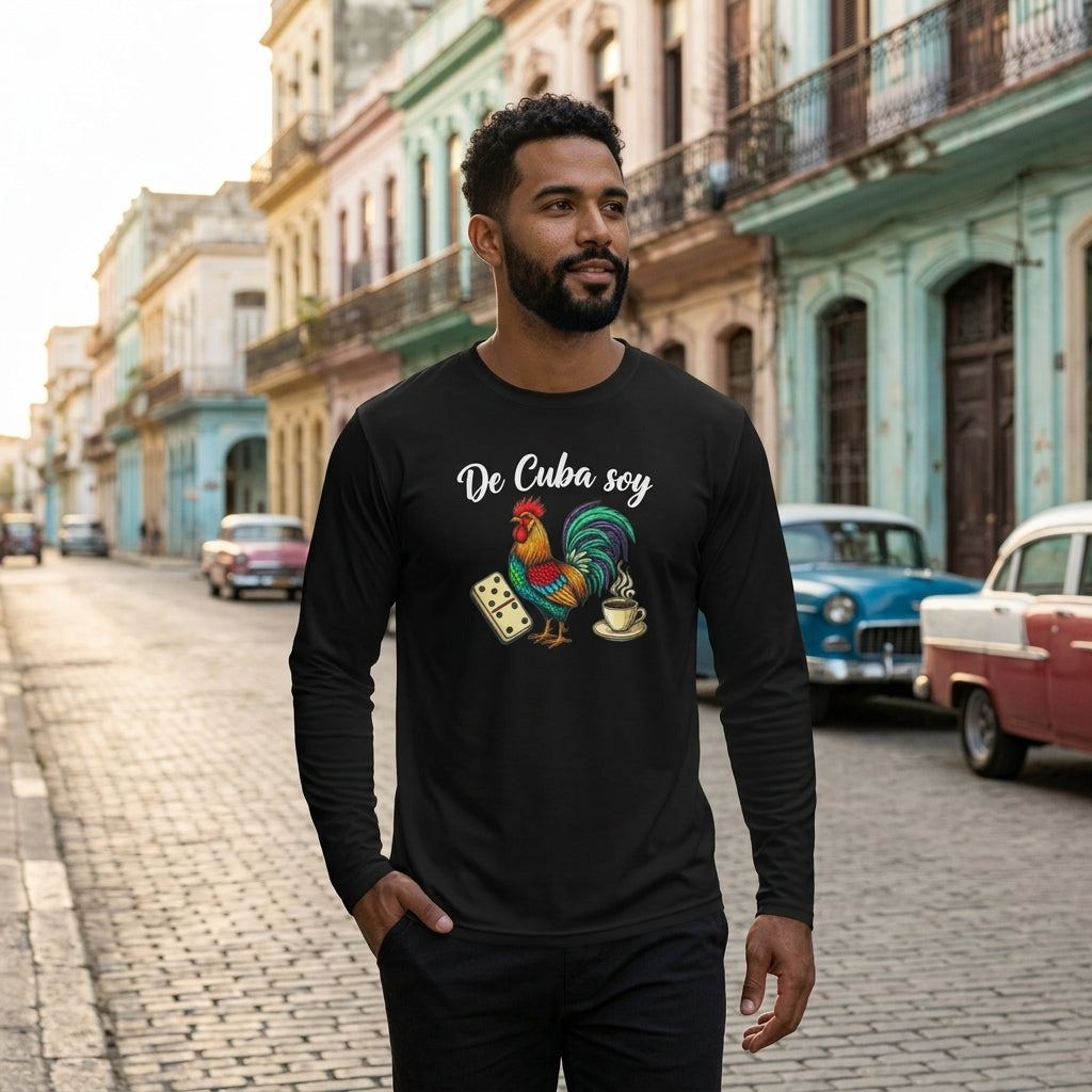 De Cuba Soy Long Sleeve Tee - Cuban Cultural Long Sleeve Tee with Rooster, Domino, and Coffee Design