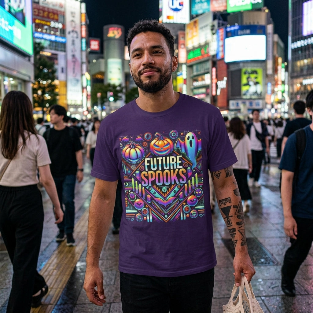 A man wearing a purple graphic t-shirt with a colorful 'FUTURE SPOOKS' Halloween design, standing in a busy, brightly lit Shibuya street at night.