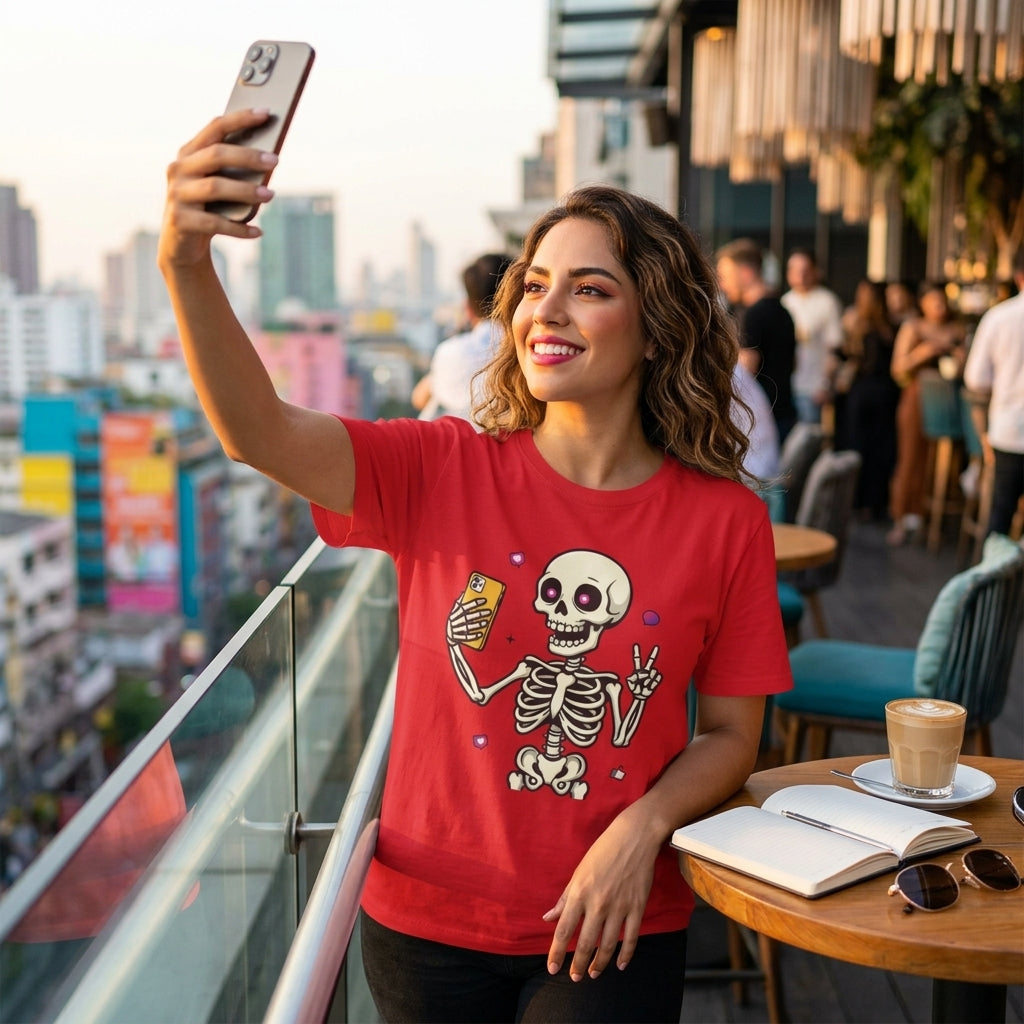 Skeleton Selfie T-Shirt | Funny Spooky Skull Halloween Graphic Tee
