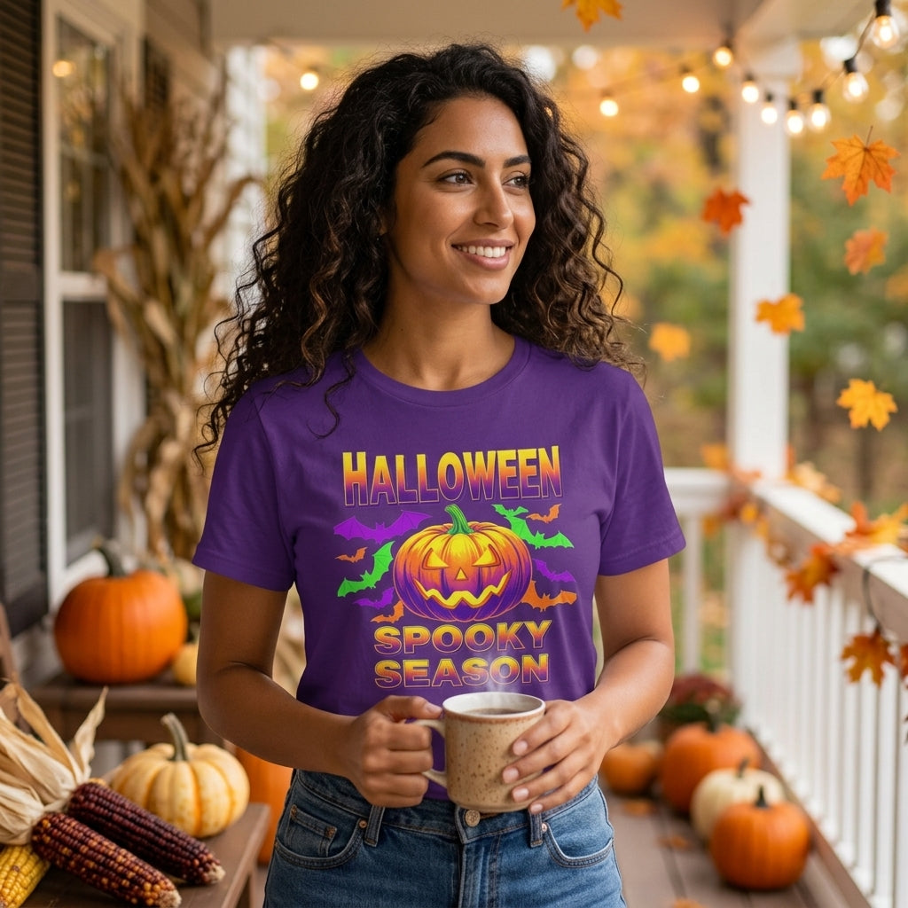 A woman stands on a decorated porch wearing a purple graphic T-shirt that reads 'HALLOWEEN TAM SPOOKY SEASON' with a jack-o'-lantern and bats, holding a mug. Pumpkins, corn, fall leaves, and warm string lights are visible in the background.