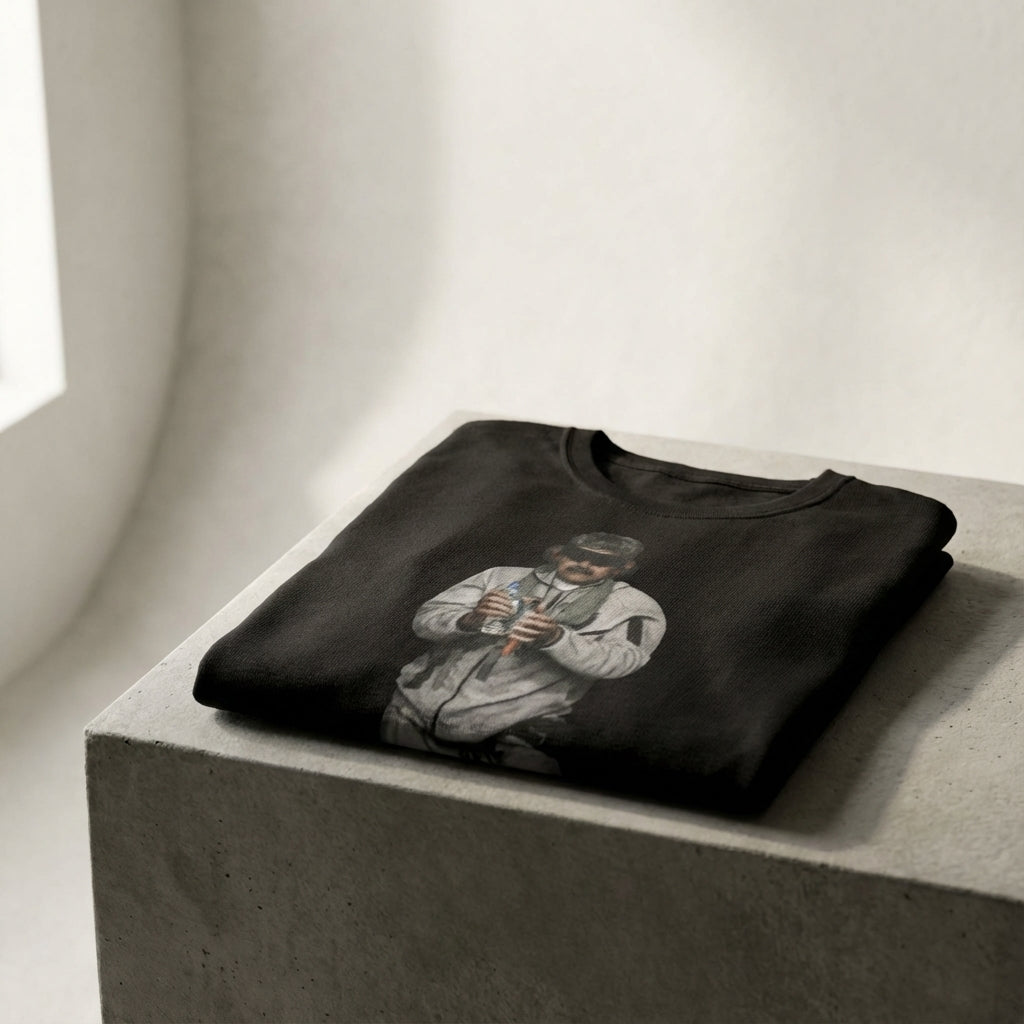 Folded black sweatshirt with a graphic design on a concrete surface