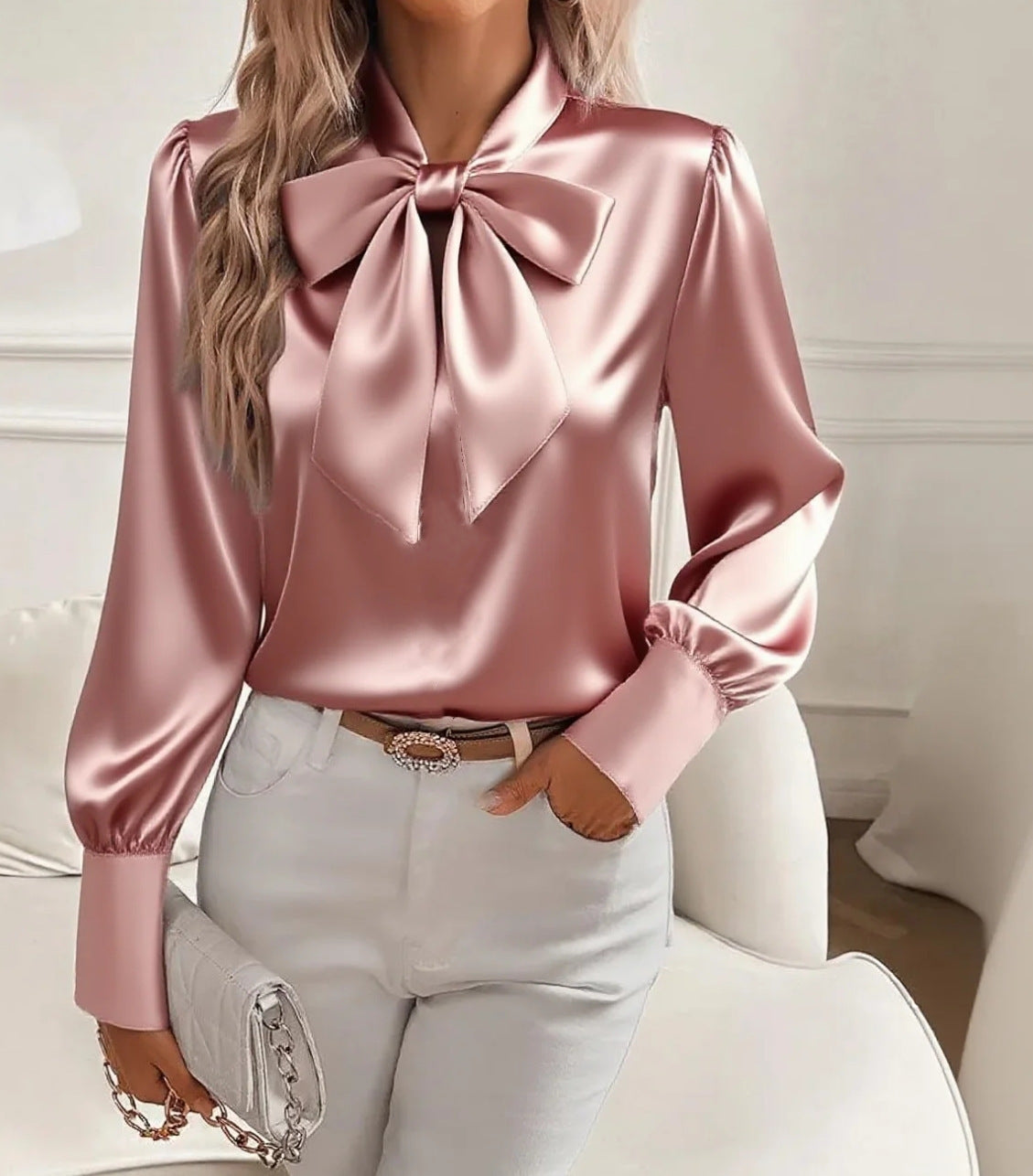 Women's Bow-tie Blouse - Fashion Lace-up Pullover Long Sleeve Commuter Top
