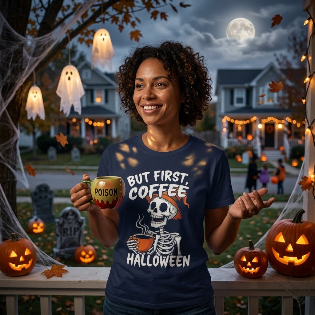 A woman wearing a navy blue graphic t-shirt with a skeleton and 'BUT FIRST, COFFEE HALLOWEEN' print, holding a mug while standing on a decorated Halloween porch with jack-o'-lanterns, ghosts, and a full moon in the background.