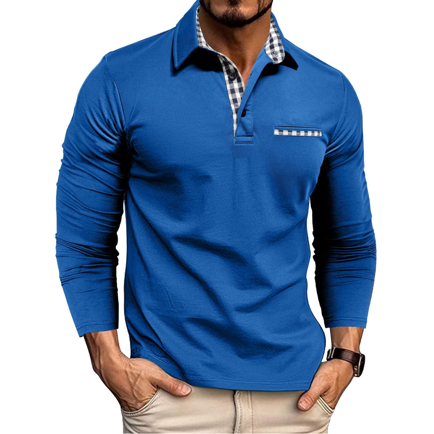 Men's Plaid Splicing Polo Shirt - Long Sleeve Lapel Collar Casual Top