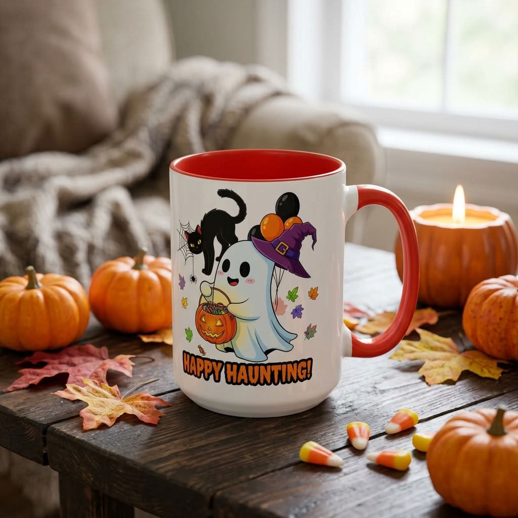 Happy Haunting! Halloween Ghost Coffee Mug | Ghost, Black Cat & Pumpkin Design | 11oz & 15oz