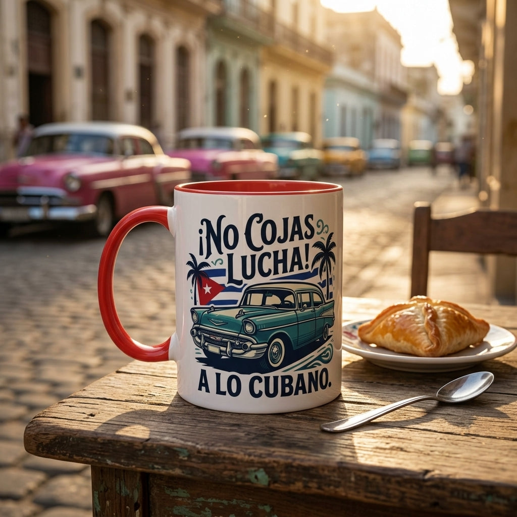 Mug with Cuban-themed design on a table with a pastry in an urban setting