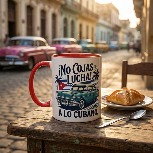 Mug with Cuban-themed design on a table with a pastry in an urban setting