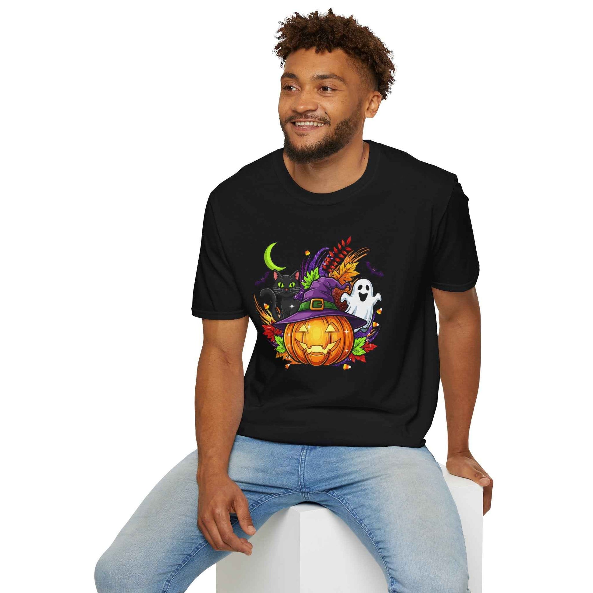 Halloween T-Shirt, Witch Hat Pumpkin, Black Cat and Ghost