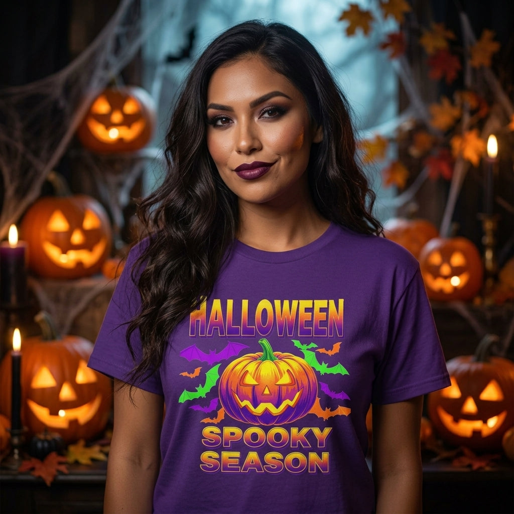 Retro Halloween T-Shirt | Neon Pumpkin & Bats 'Spooky Season' Tee | 80s/90s Style