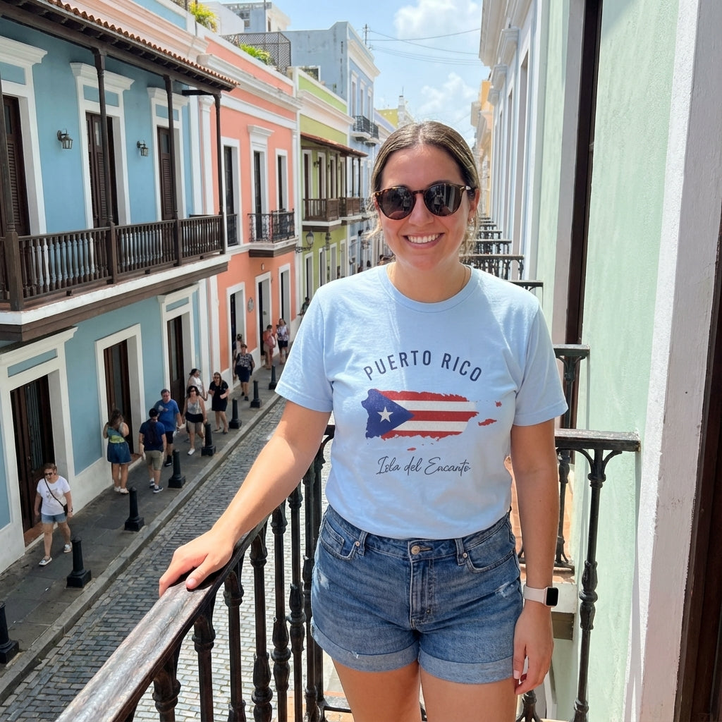 Woman wearing a 'Puerto Rico' t-shirt standing on a balcony with colorful buildings in the background.