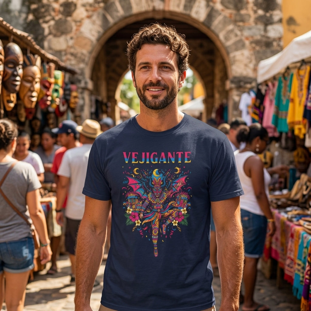 A man wearing a navy blue graphic t-shirt with a colorful 'VEJIGANTE' design stands in a bustling outdoor market setting with stone arches in the background.