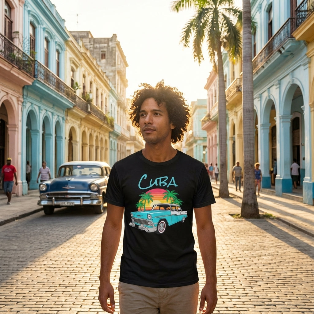 Man wearing a 'Cuba' t-shirt with a vintage car design on a street in Cuba.